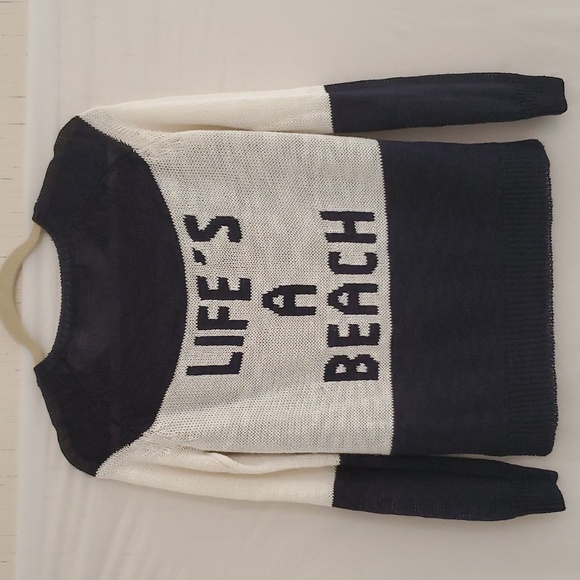 360 Sweater Sweaters - Neiman Marcus 360 Sweater Linen Graphic Sweater Life's A Beach Navy Cream XS